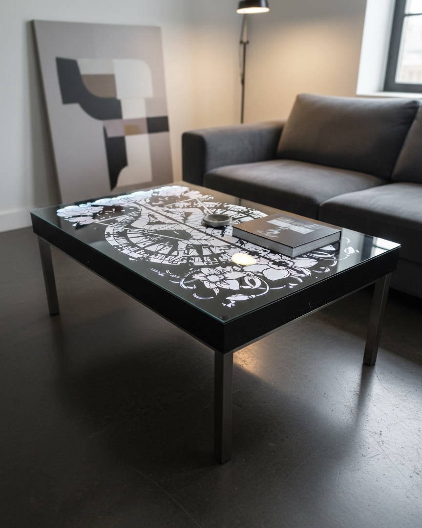 Lougetisch mit hinterleuchteter Platte im Wohnraum
